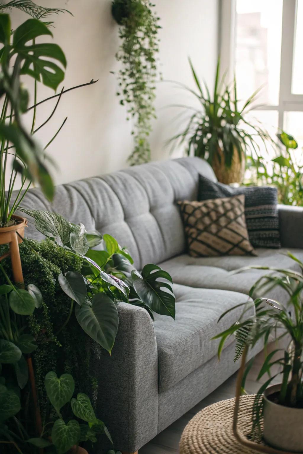 Indoor plants enliven a grey sofa setup.