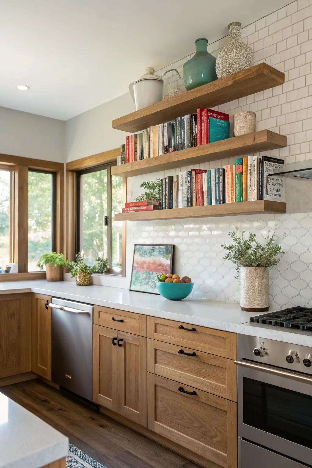 Floating shelves offer stylish storage without taking up floor space.
