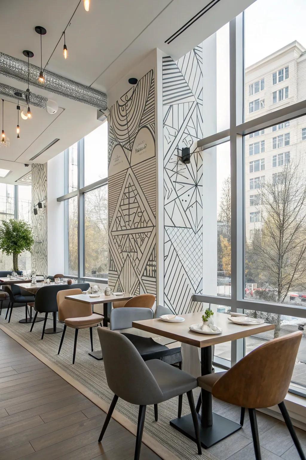 Contemporary dining room adorned with geometric pattern art.
