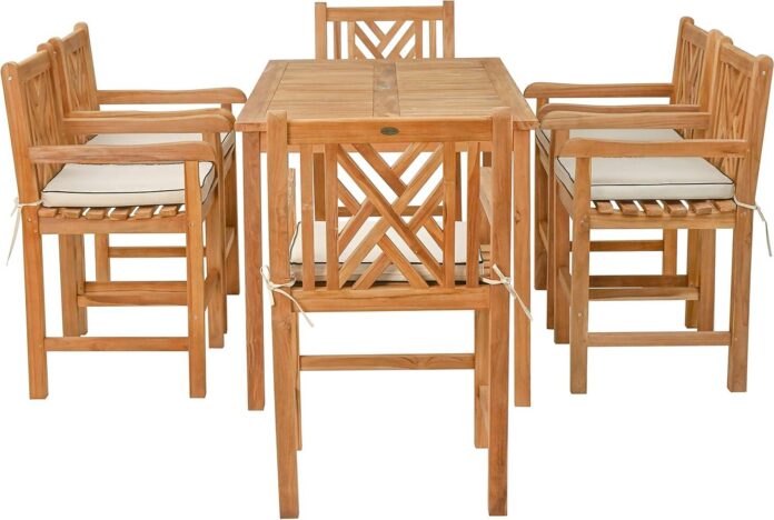 Chic Teak Chippendale Counter Set Softens Small Patio Evenings