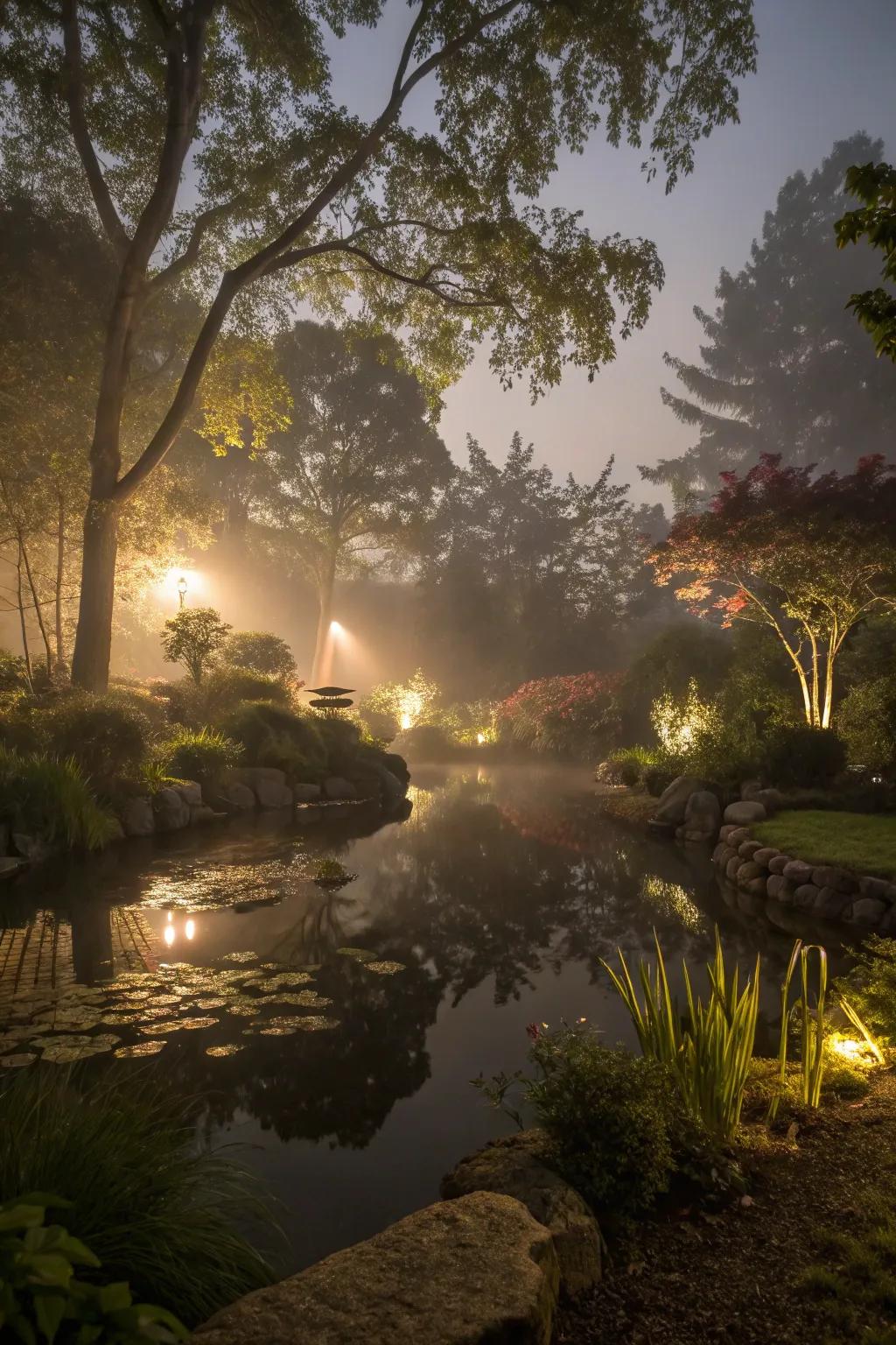 Garden lighting creates a magical nighttime atmosphere.