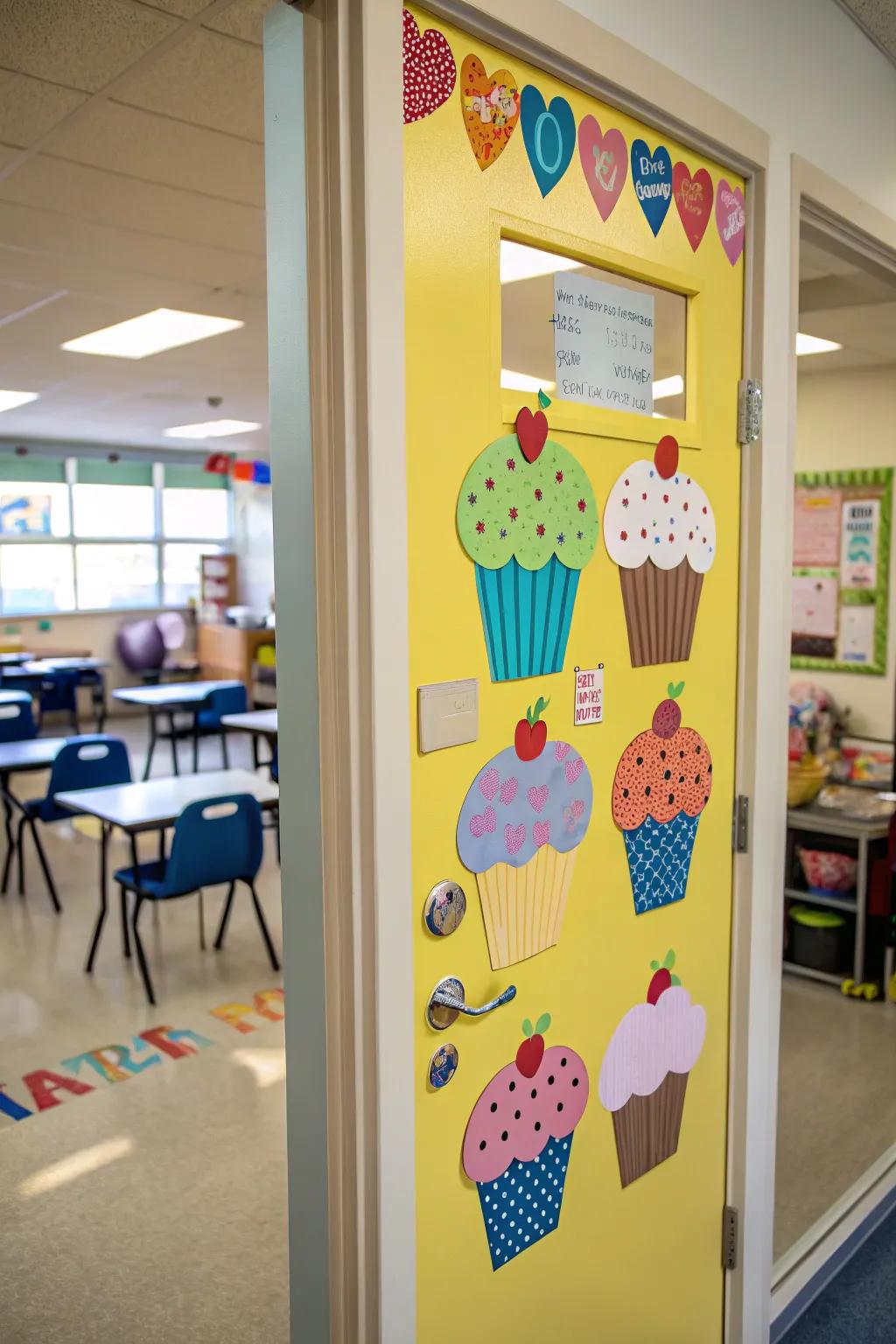 A classroom door adorned with colorful cupcake cutouts, each personalized for students.