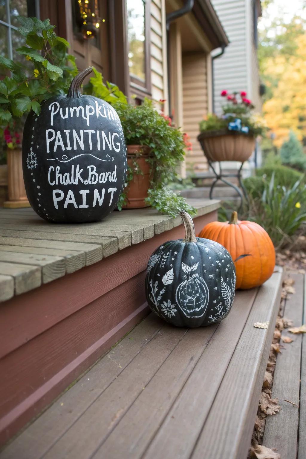Chalkboard pumpkins displaying seasonal messages.