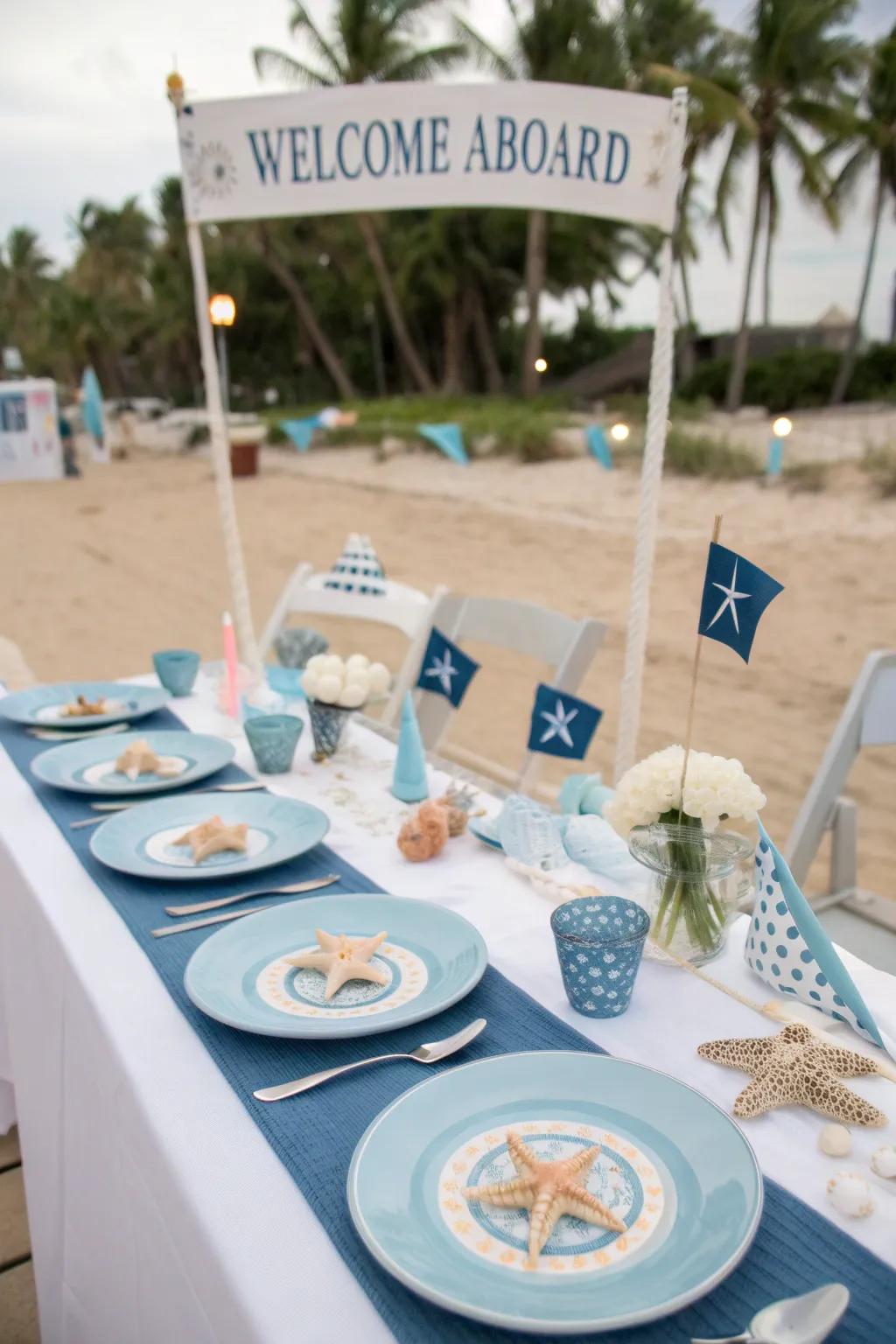 Nautical tableware ties together your seaside theme beautifully.