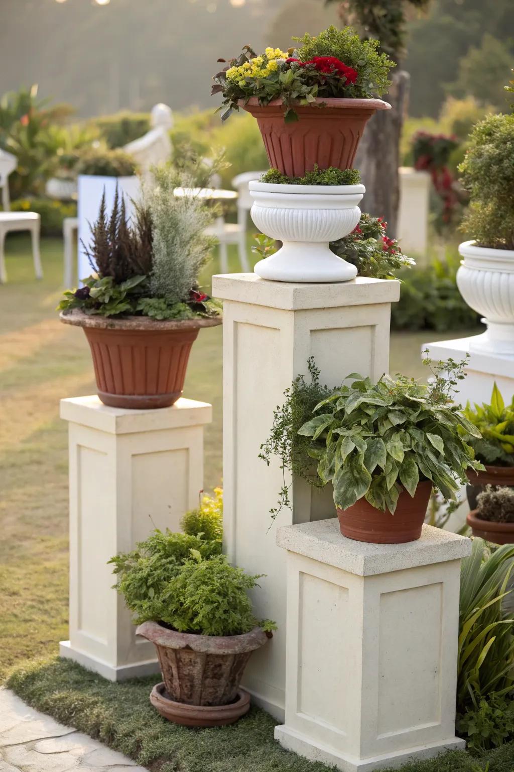 Heighten your garden's appeal with layered pot arrangements.