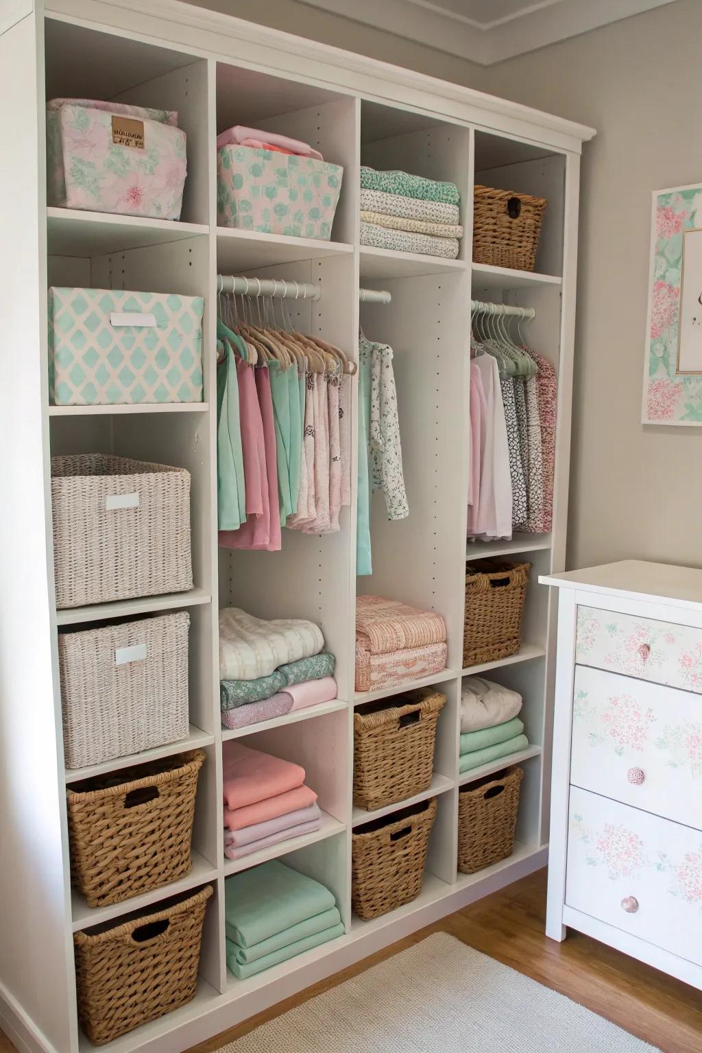 A well-organized nursery closet with cubbies and baskets for efficient storage.