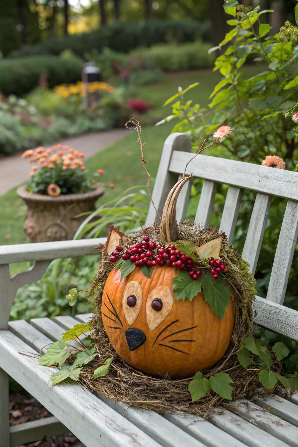 Bring the charm of the forest to your porch with nature-inspired pumpkins.