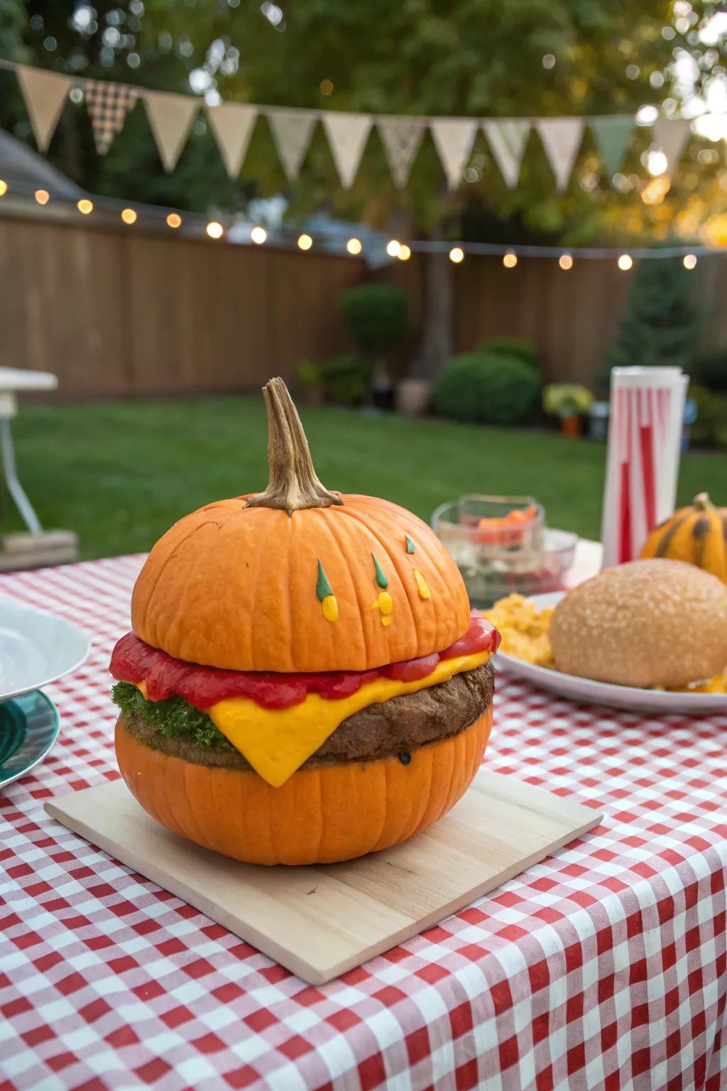 A pumpkin cleverly disguised as a delicious hamburger.