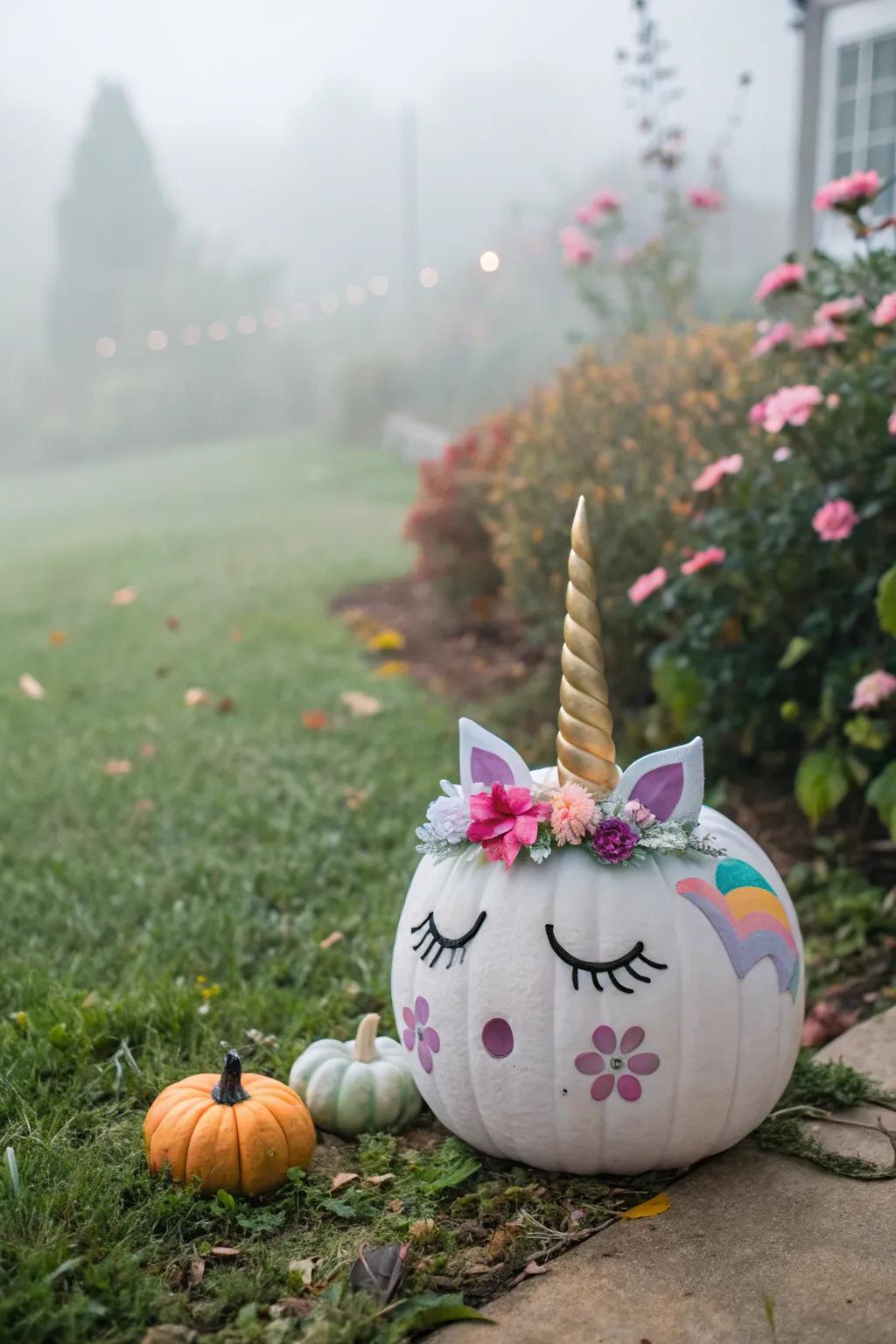 Unicorn-themed pumpkins add a whimsical charm to your autumn celebrations.