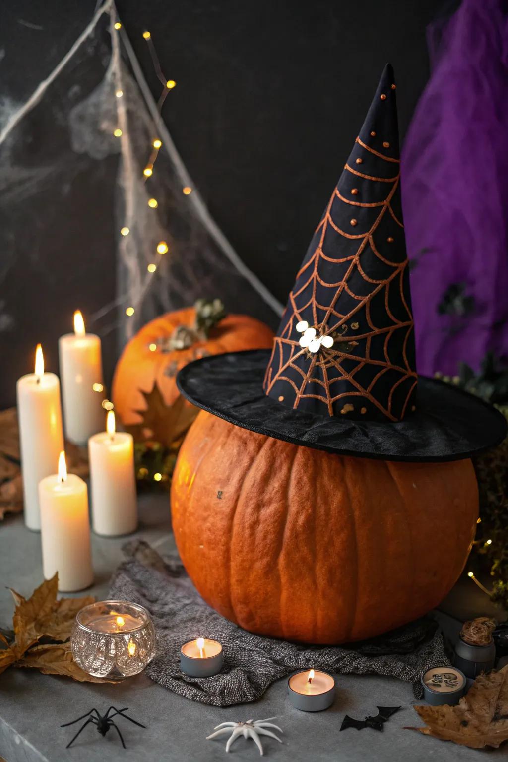 Add a witch’s hat to your pumpkin for a simple Halloween statement.