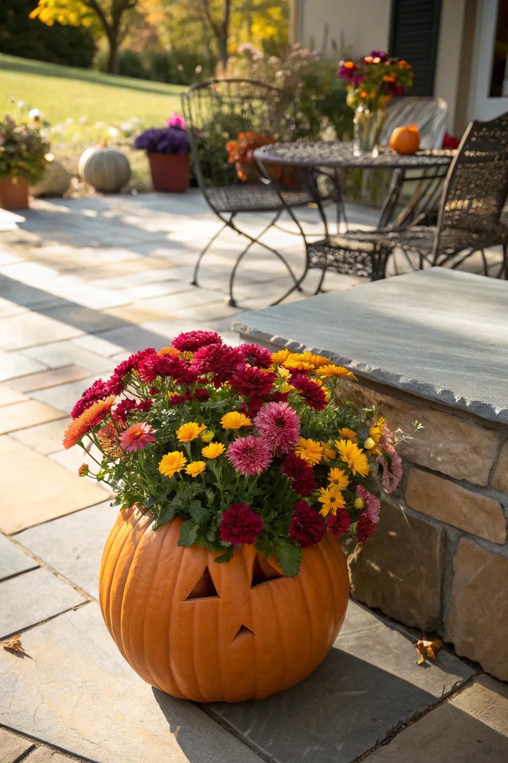 Use pumpkins as charming floral planters for a fresh autumn look.