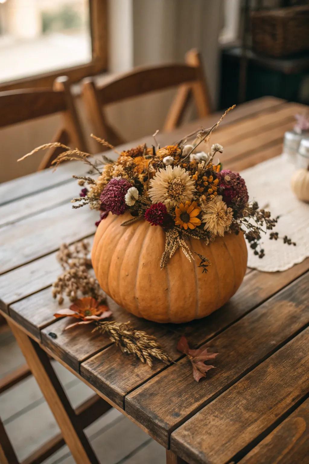 Dried flowers lend a timeless, rustic charm to pumpkin decorations.
