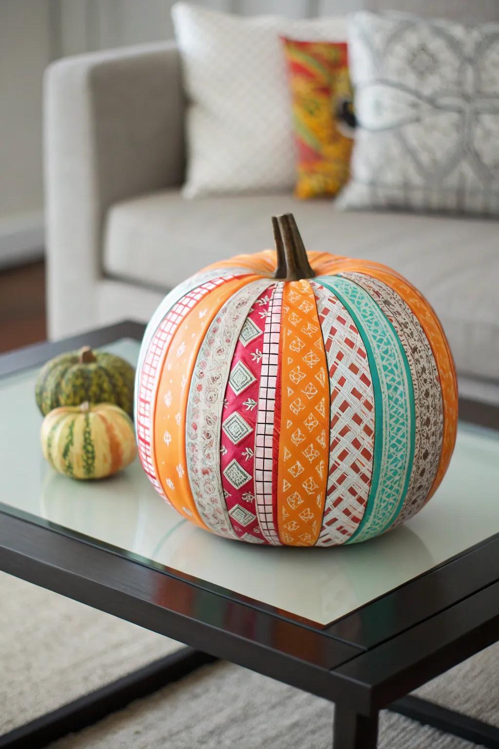 Washi tape offers a quick and colorful way to decorate pumpkins.
