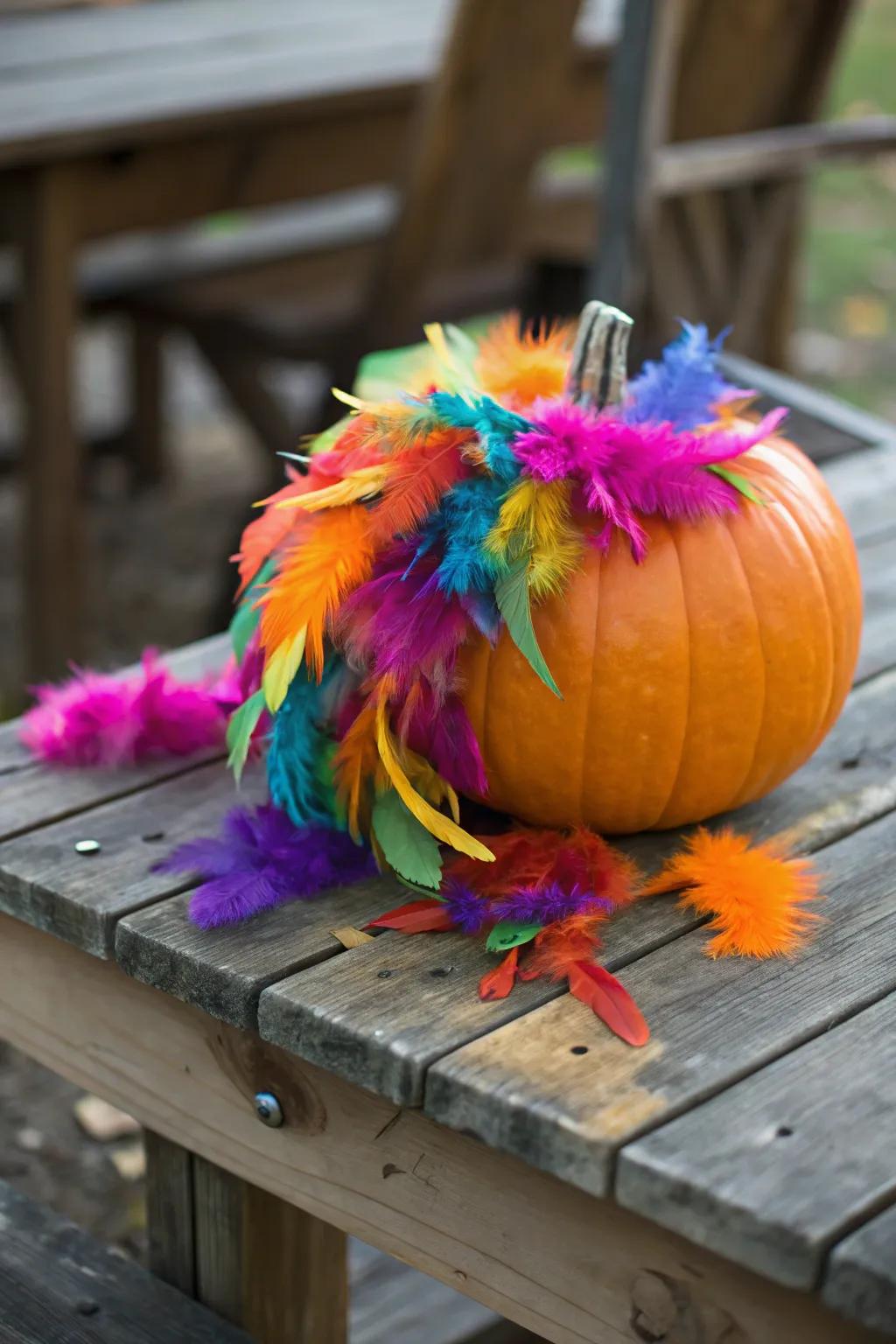 Bright feathers add a lively and playful touch to pumpkins.