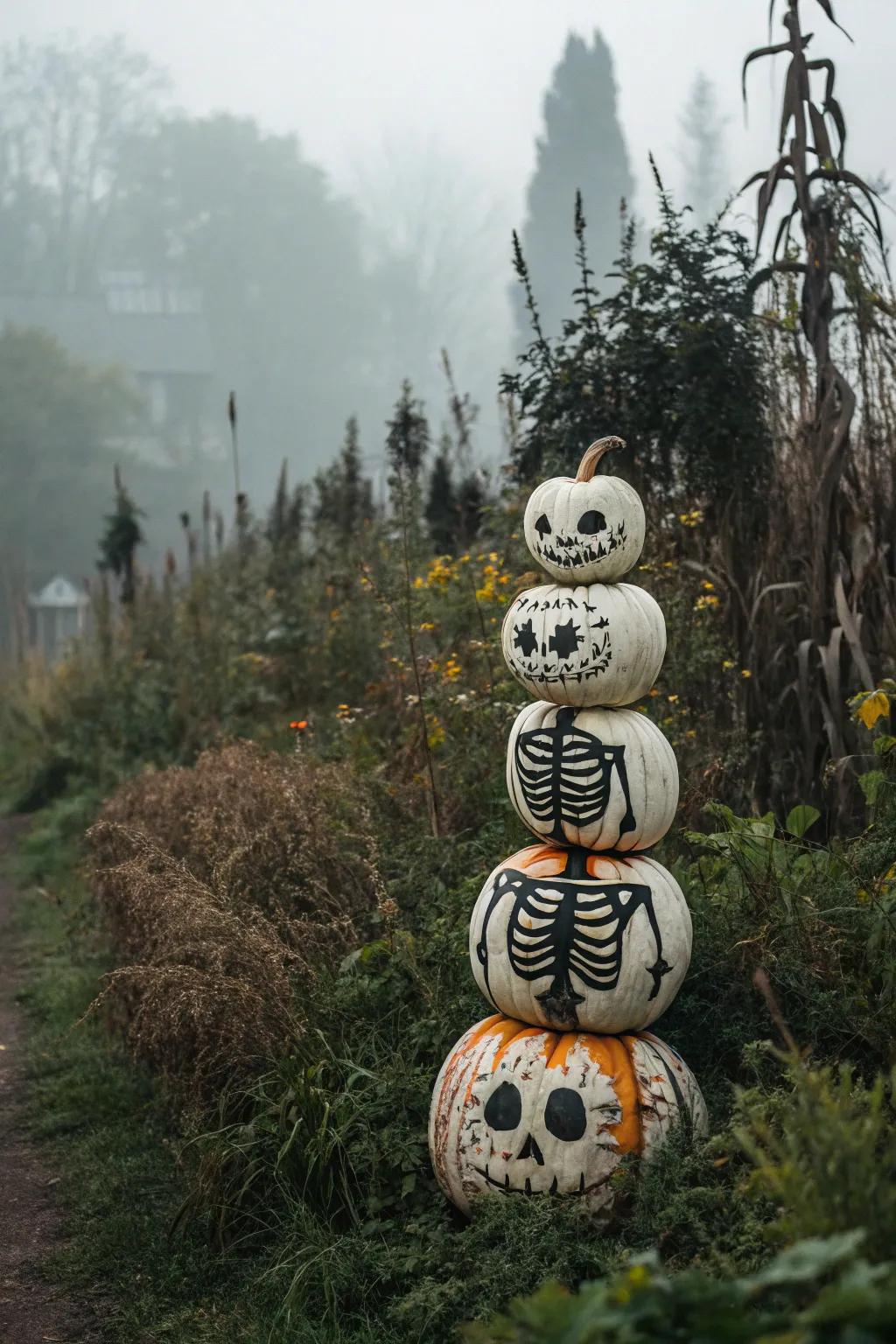 Stacked pumpkins painted as skeletons create a fun Halloween display.