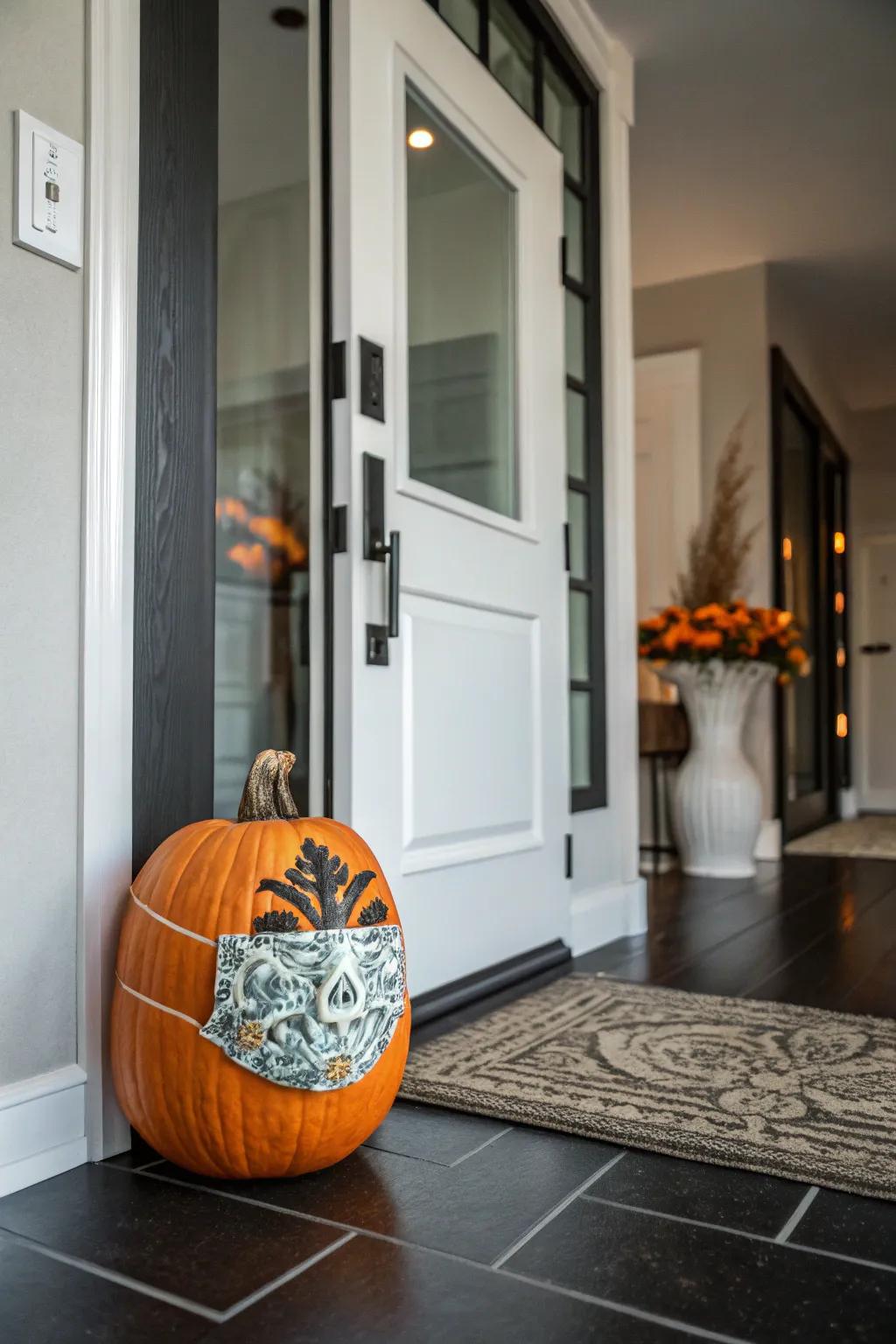 Masks add an air of mystery to pumpkin decorations.