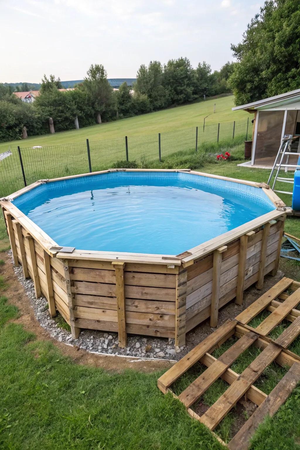 A creative pool frame using repurposed wood pallets.