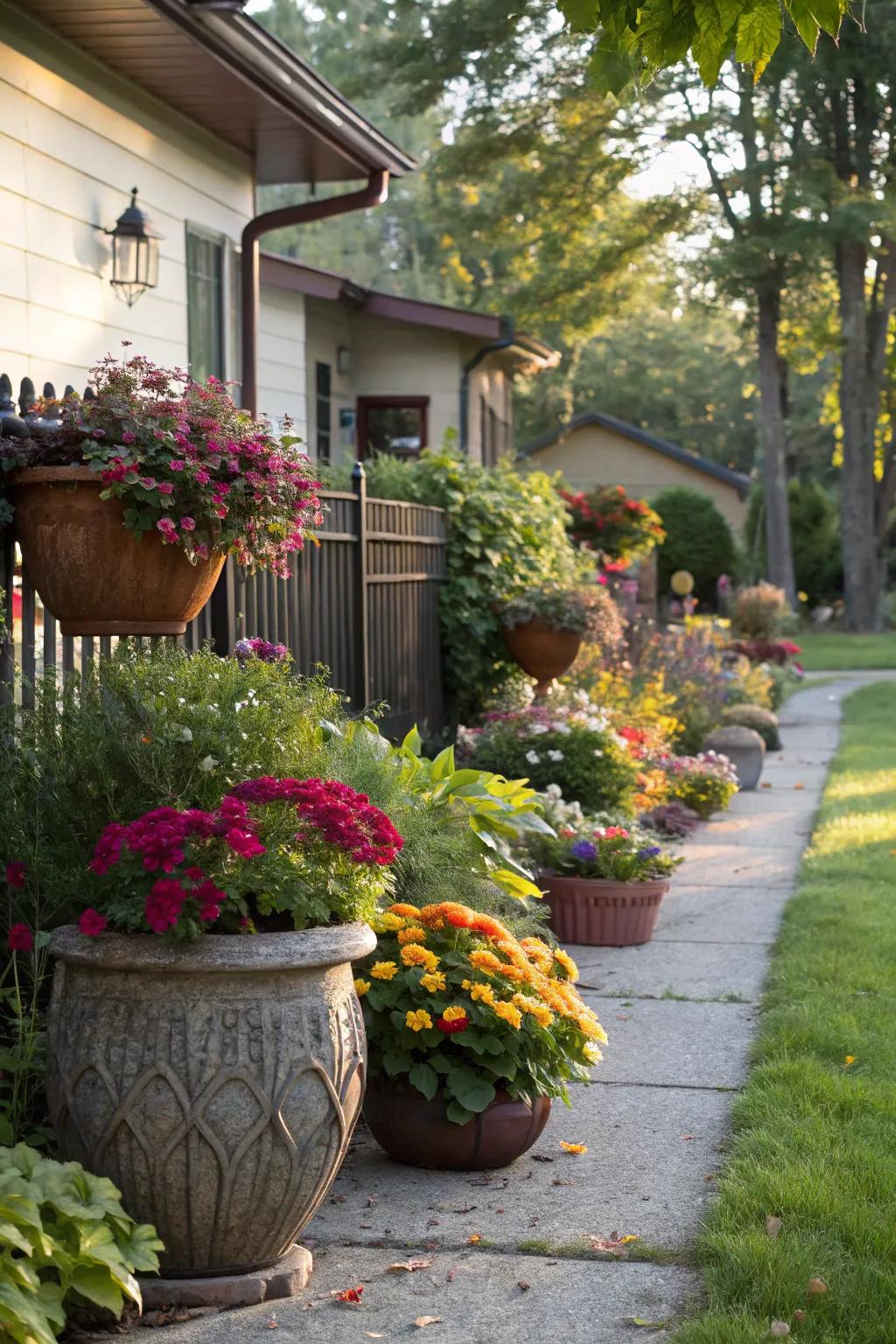 A front yard adorned with decorative pots and vibrant plants.