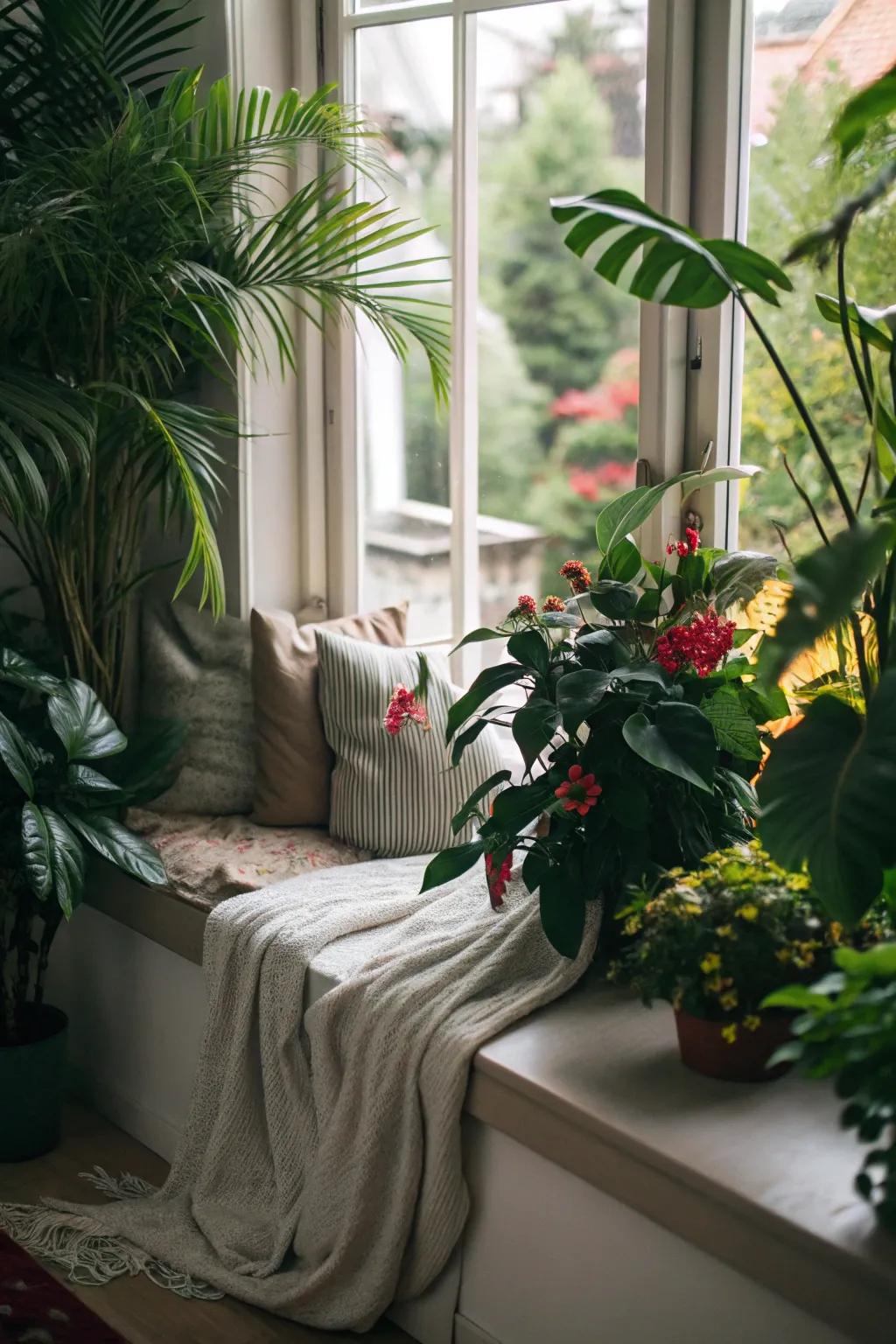 A window seat enlivened by lush greenery, creating a fresh and calming environment.