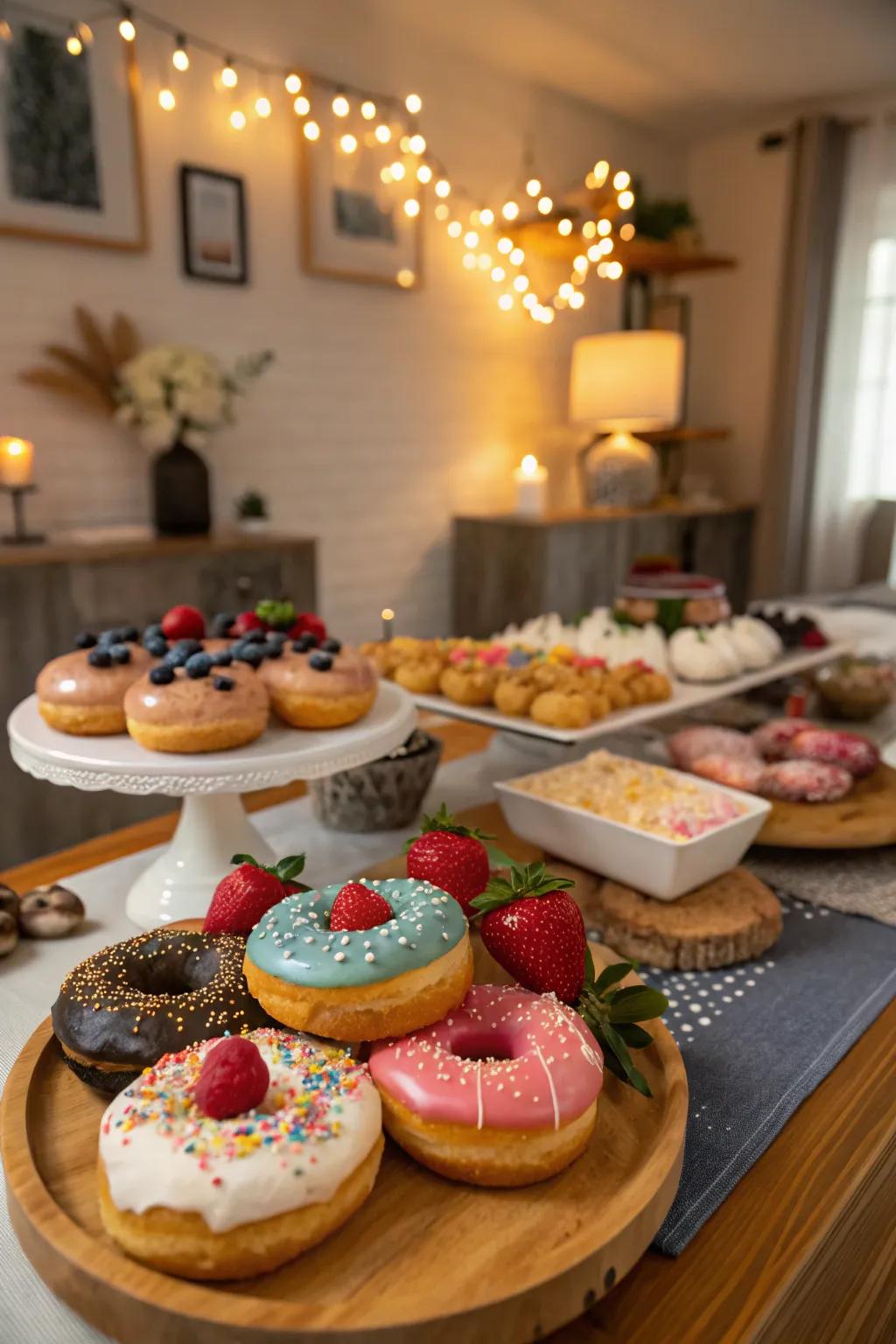 Doughnut displays provide a fun and colorful dessert option.