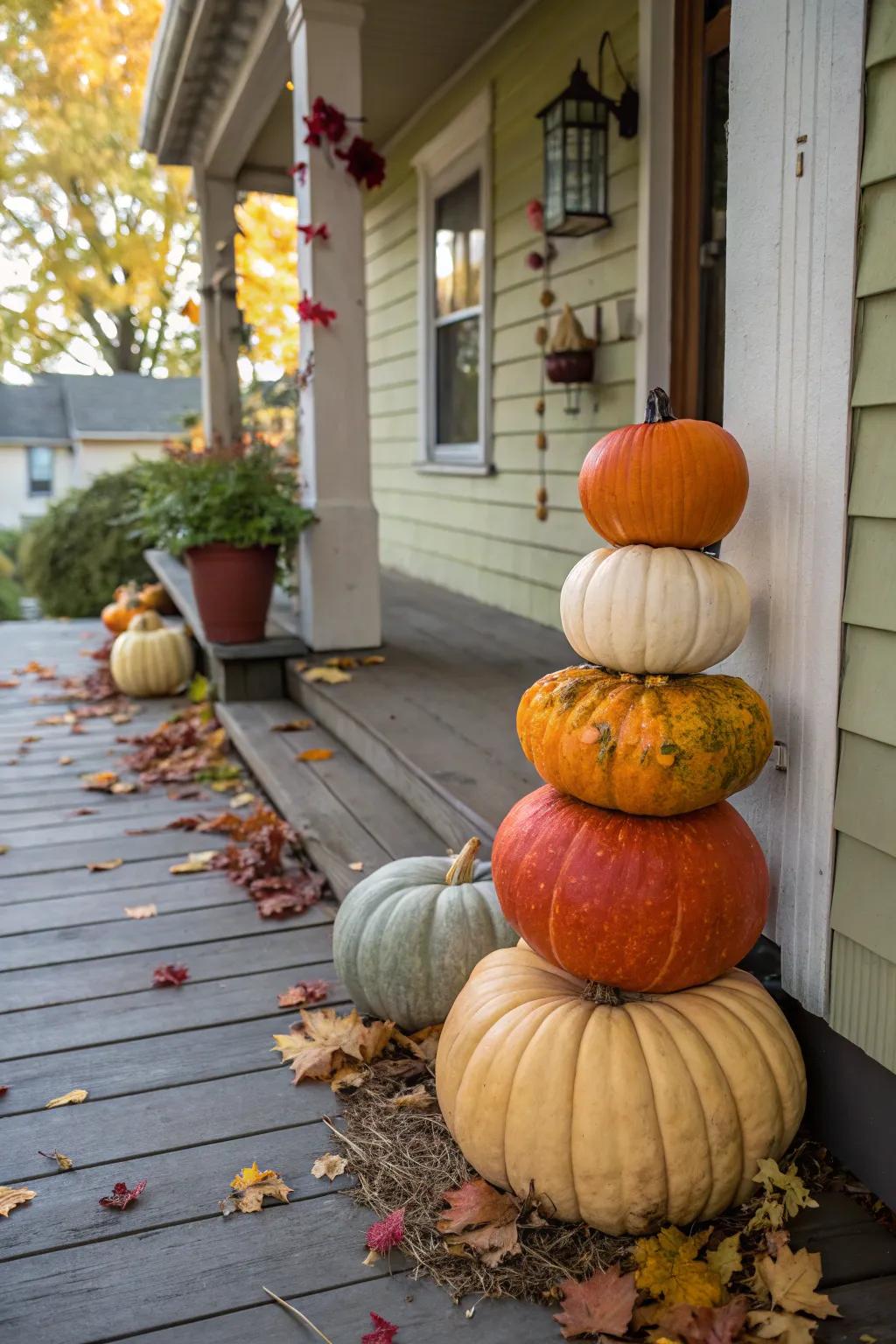 A stack of assorted pumpkins creating a <a href=