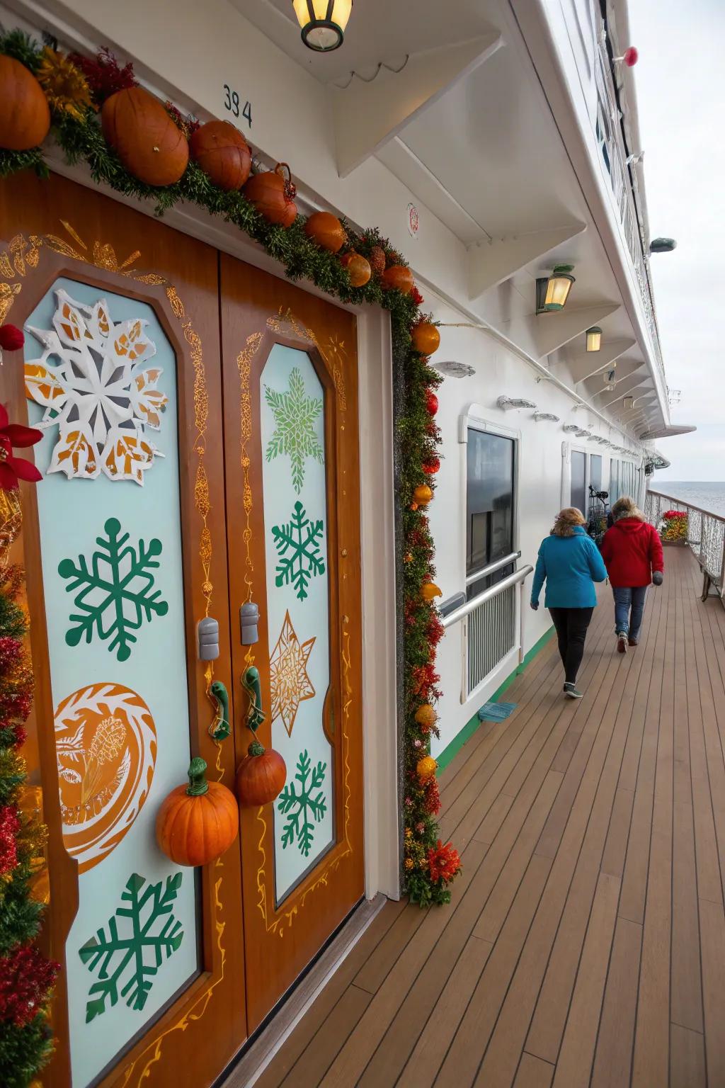 Celebrate the seasons with festive cruise door decor.