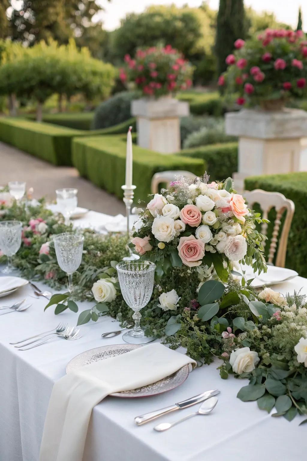 Opulent floral displays featuring roses and lush greenery.