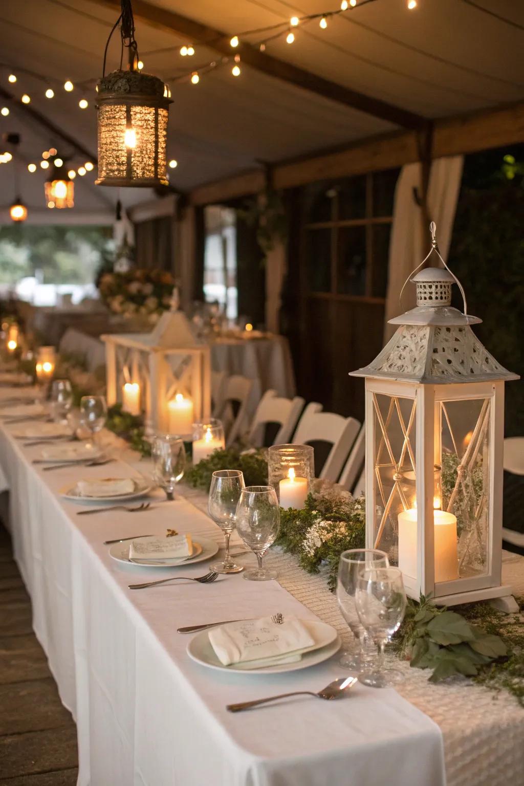 Rustic lanterns provide cozy lighting and charm for evening events.