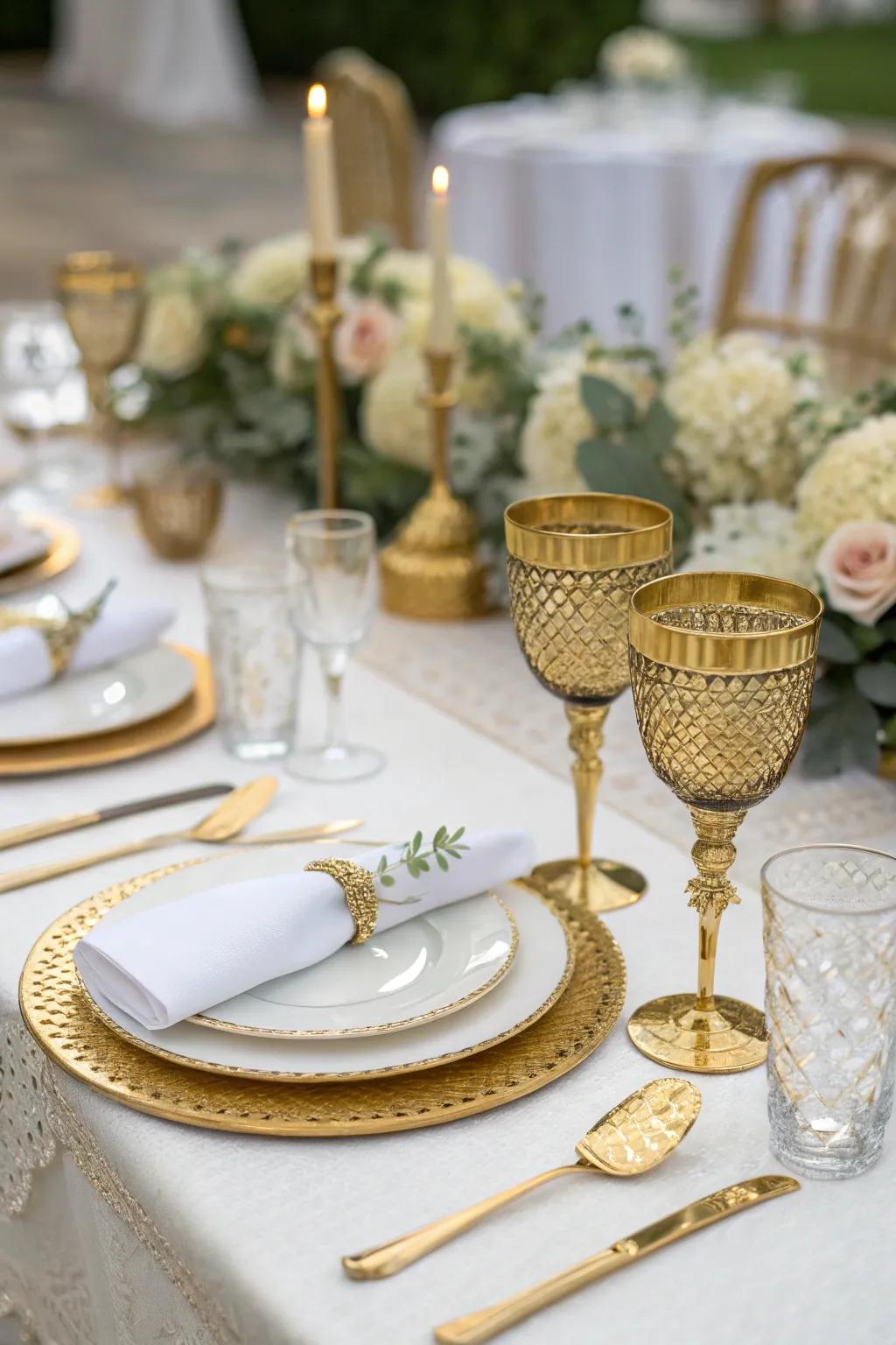 Luxurious gold accents enhance wedding table settings.