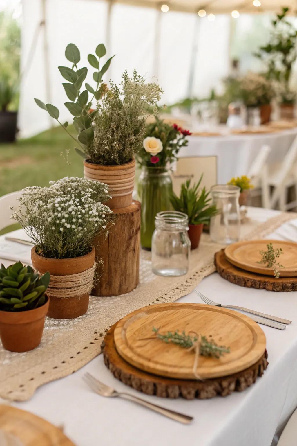 Sustainable decor featuring potted plants for eco-conscious weddings.
