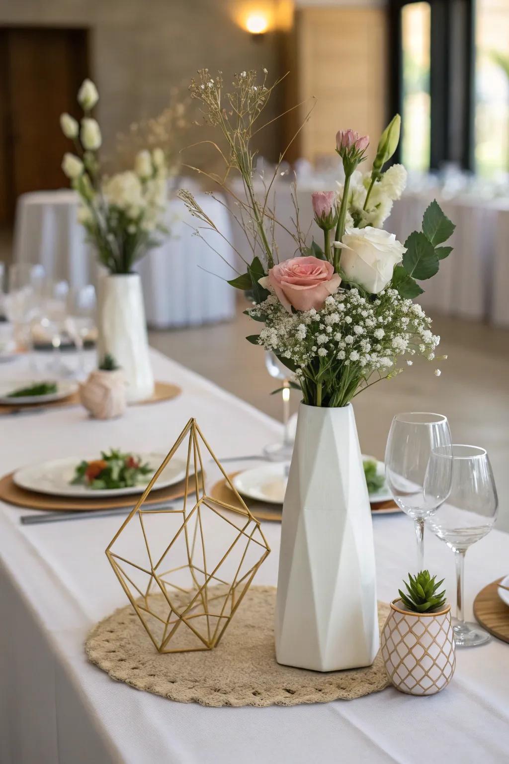Modern geometric vessels add a contemporary edge to floral displays.