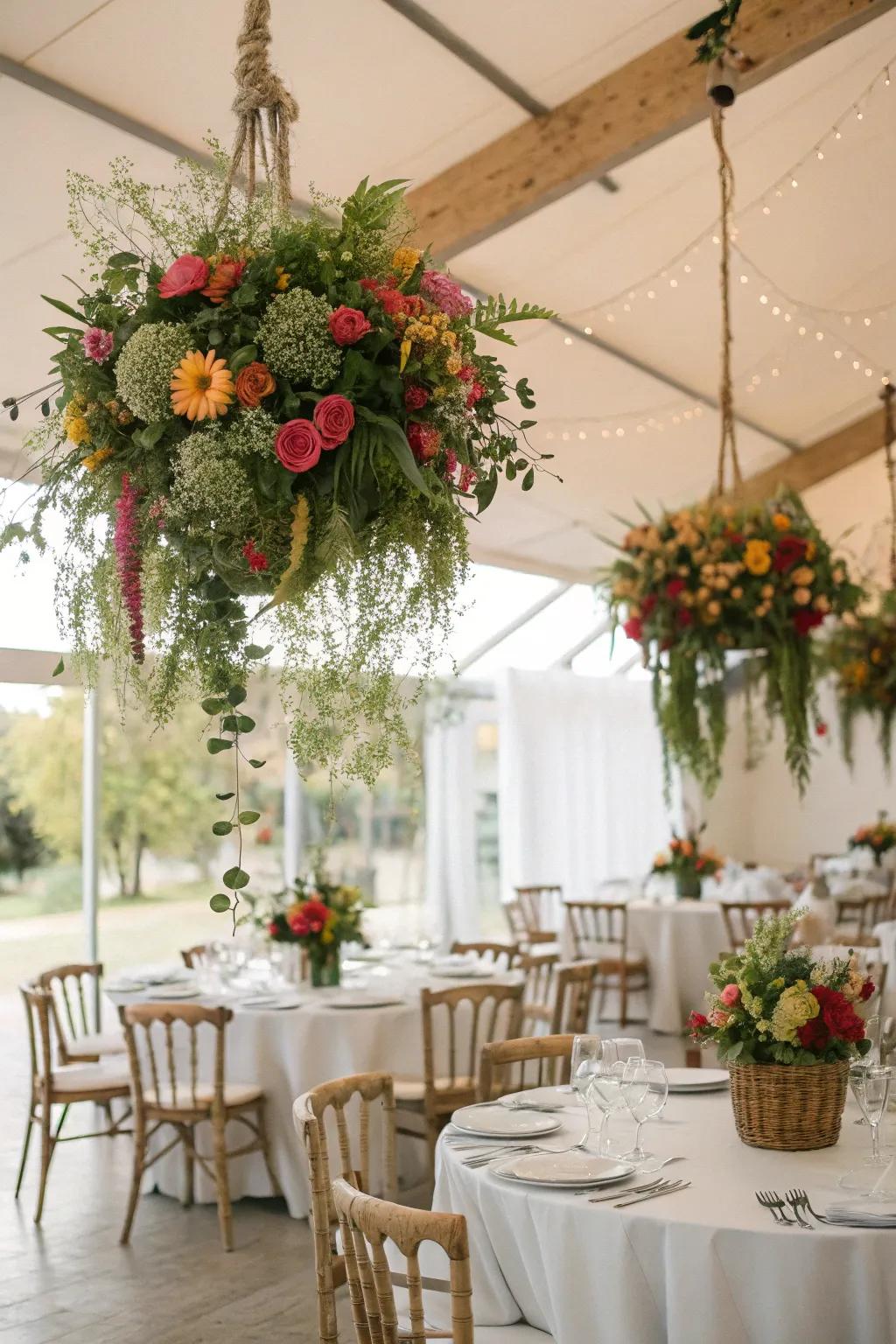 Hanging centerpieces offer a dramatic and <a href=