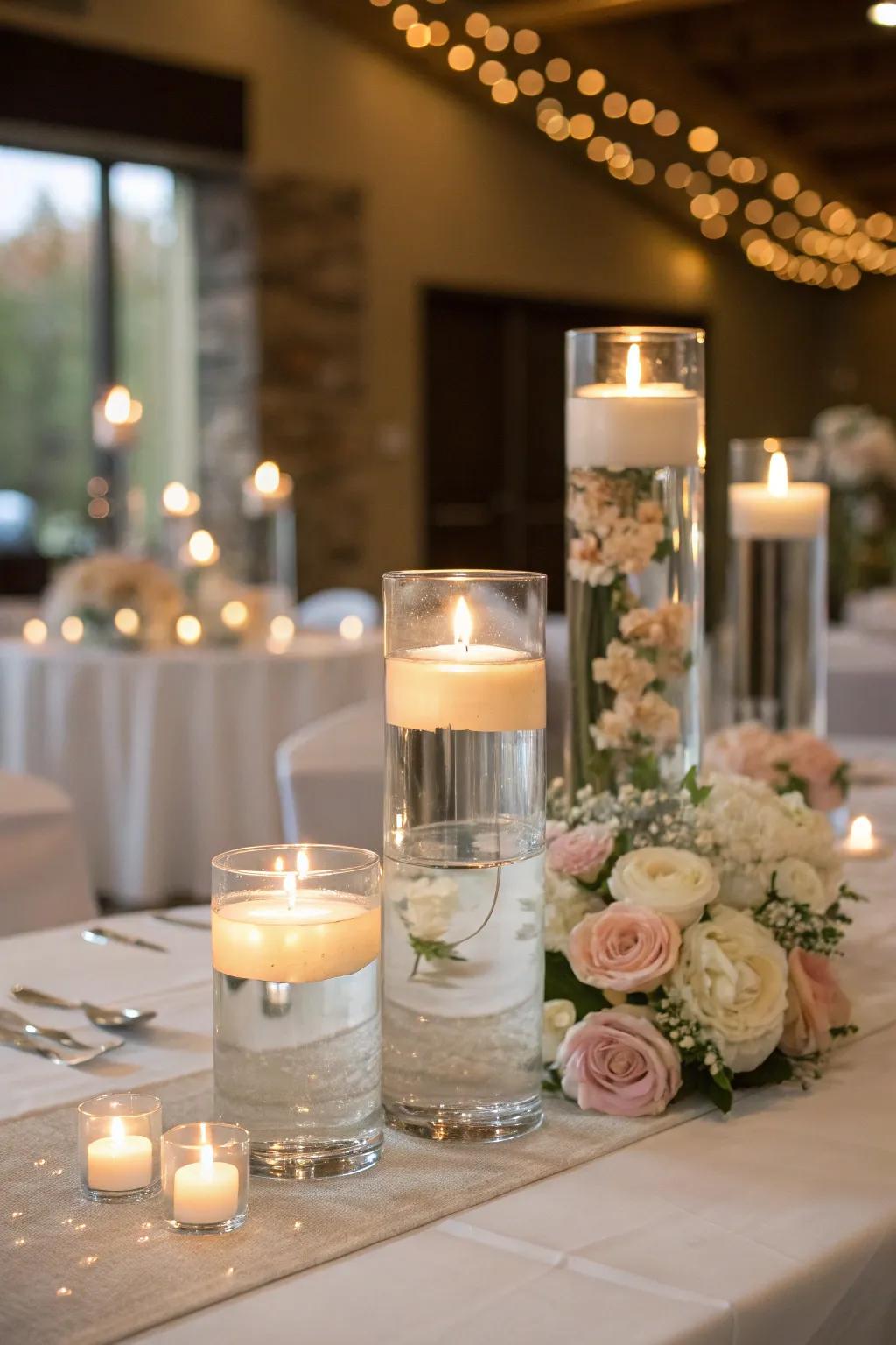 Floating candles create a magical and whimsical atmosphere.