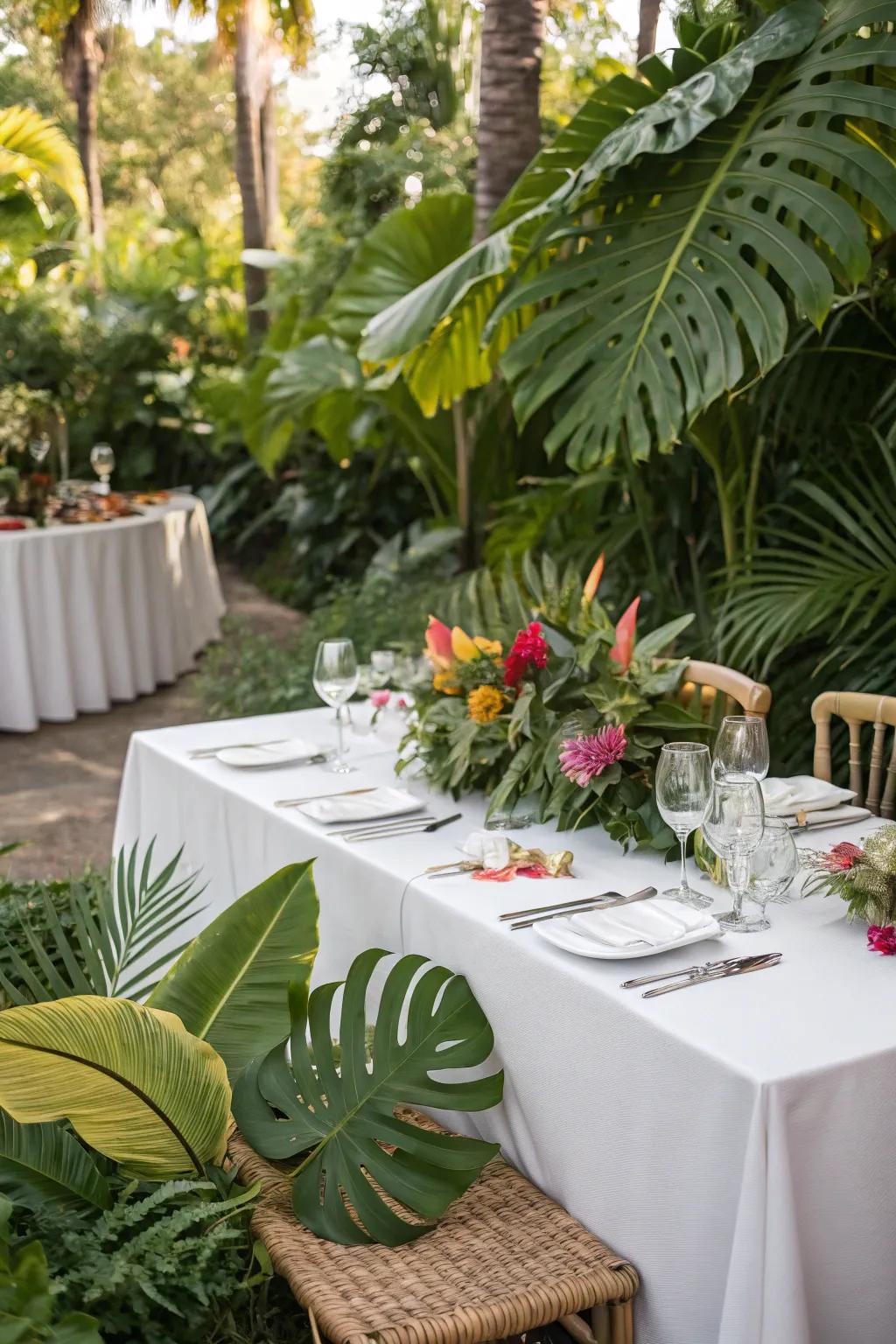 Tropical foliage adds a vibrant and exotic flair to wedding decor.