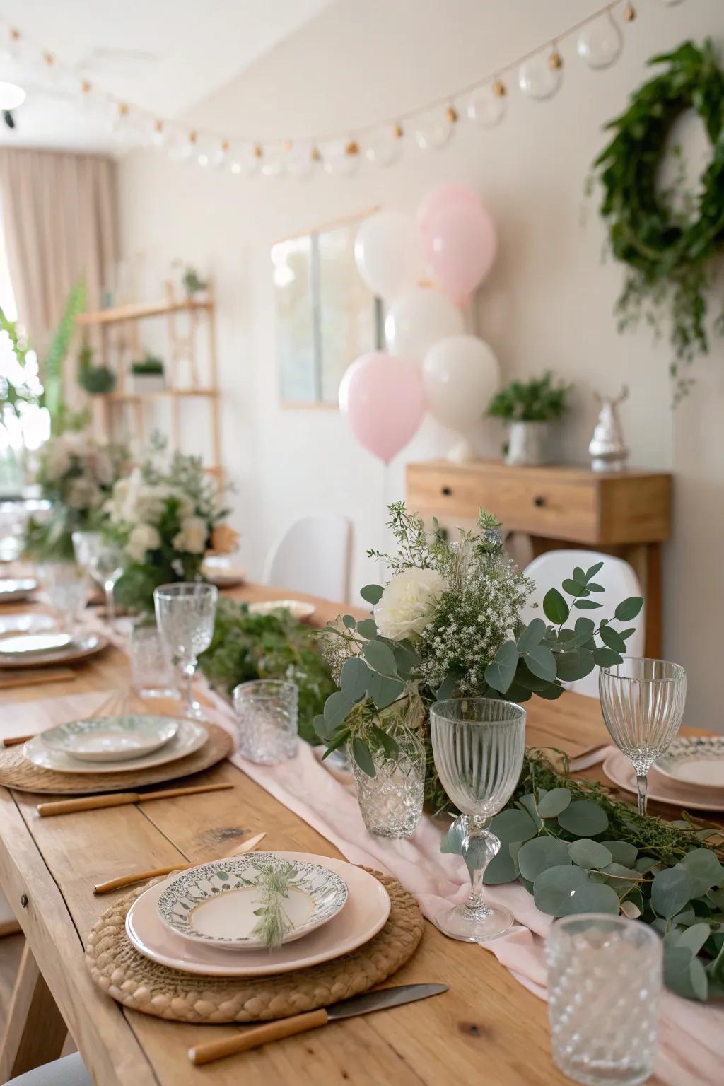 An elegantly set table with wooden accents and greenery centerpieces creates an inviting atmosphere.