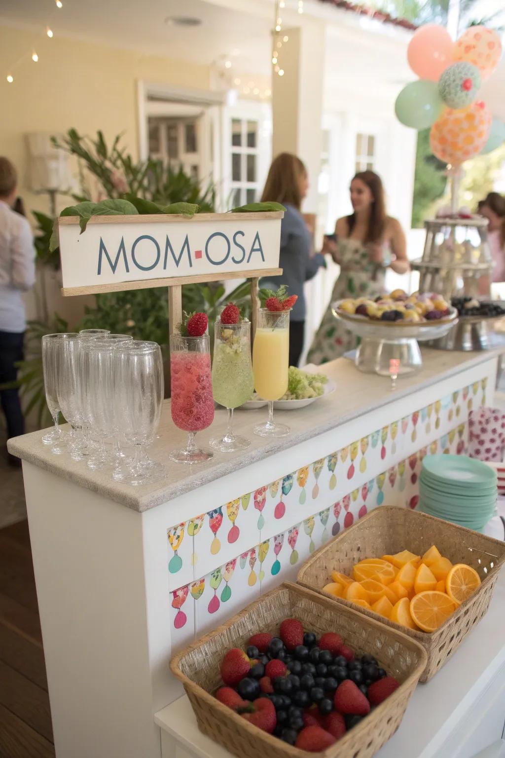 A whimsical drink station with a'Mom-osa' bar offers refreshing options for guests.