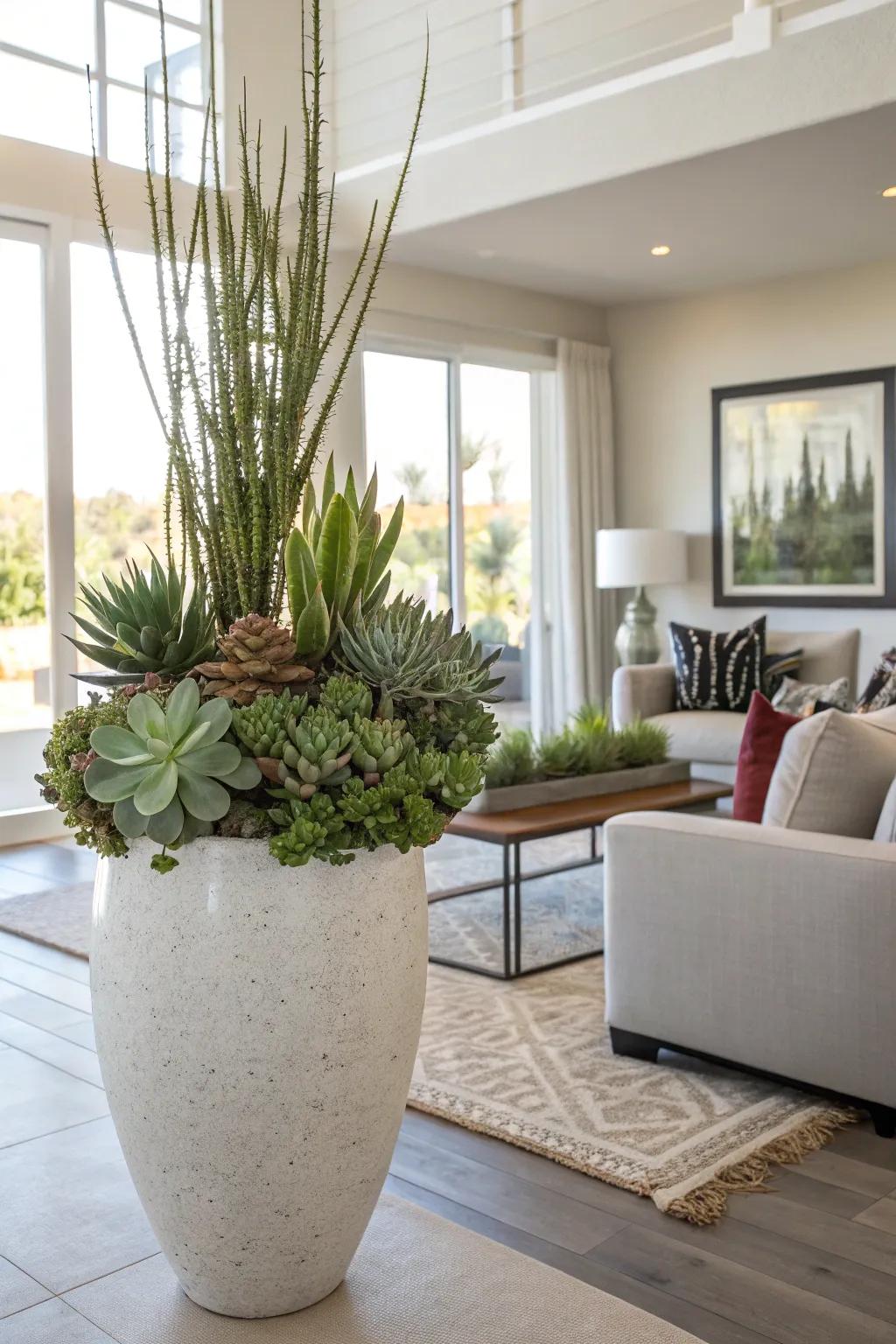 A large floor vase filled with succulents offers a modern and lush green touch.
