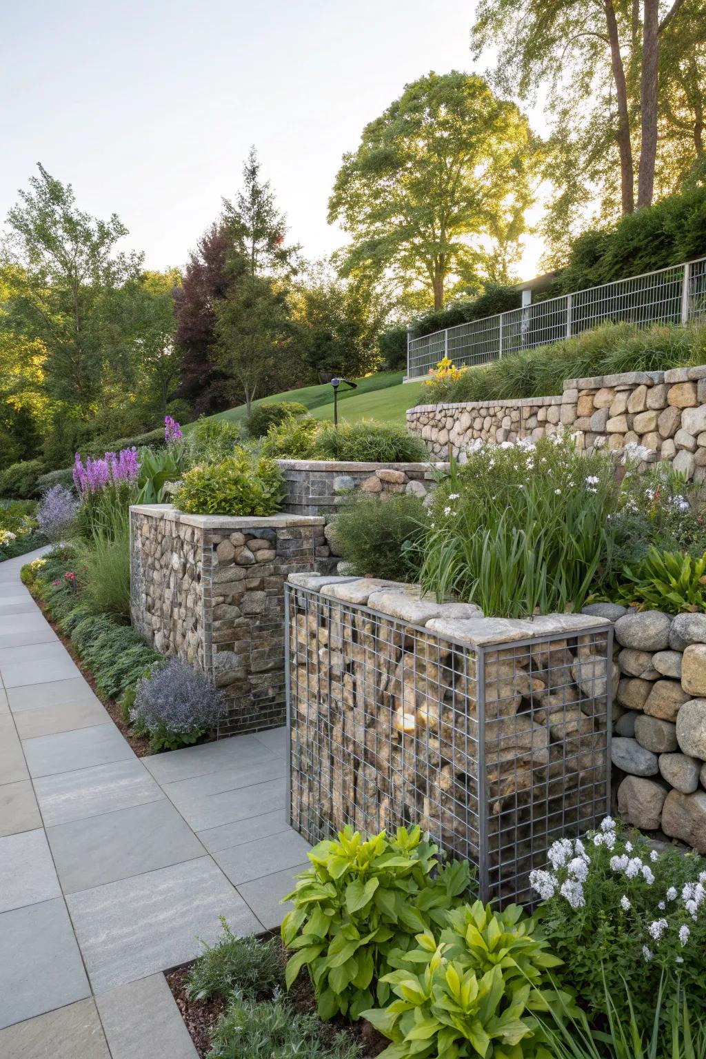 Gabion walls combine contemporary design with natural elements.