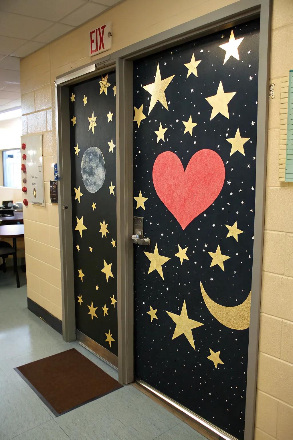 A magical classroom door with a starry night theme, highlighting stars and a central heart.