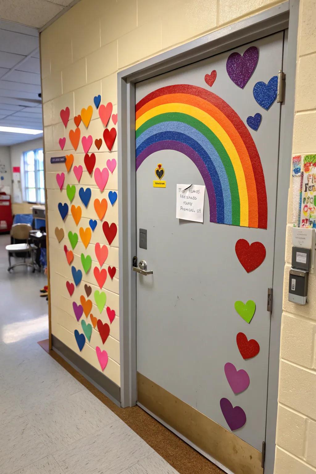 A vibrant classroom door featuring a rainbow crafted from colorful hearts.