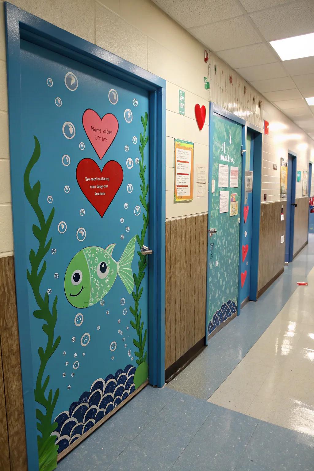 A playful classroom door with an ocean theme, <a href=