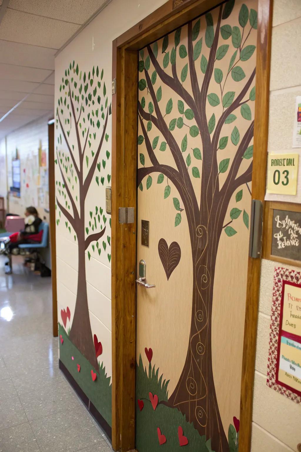 An enchanting classroom door with a mystical forest theme, <a href=