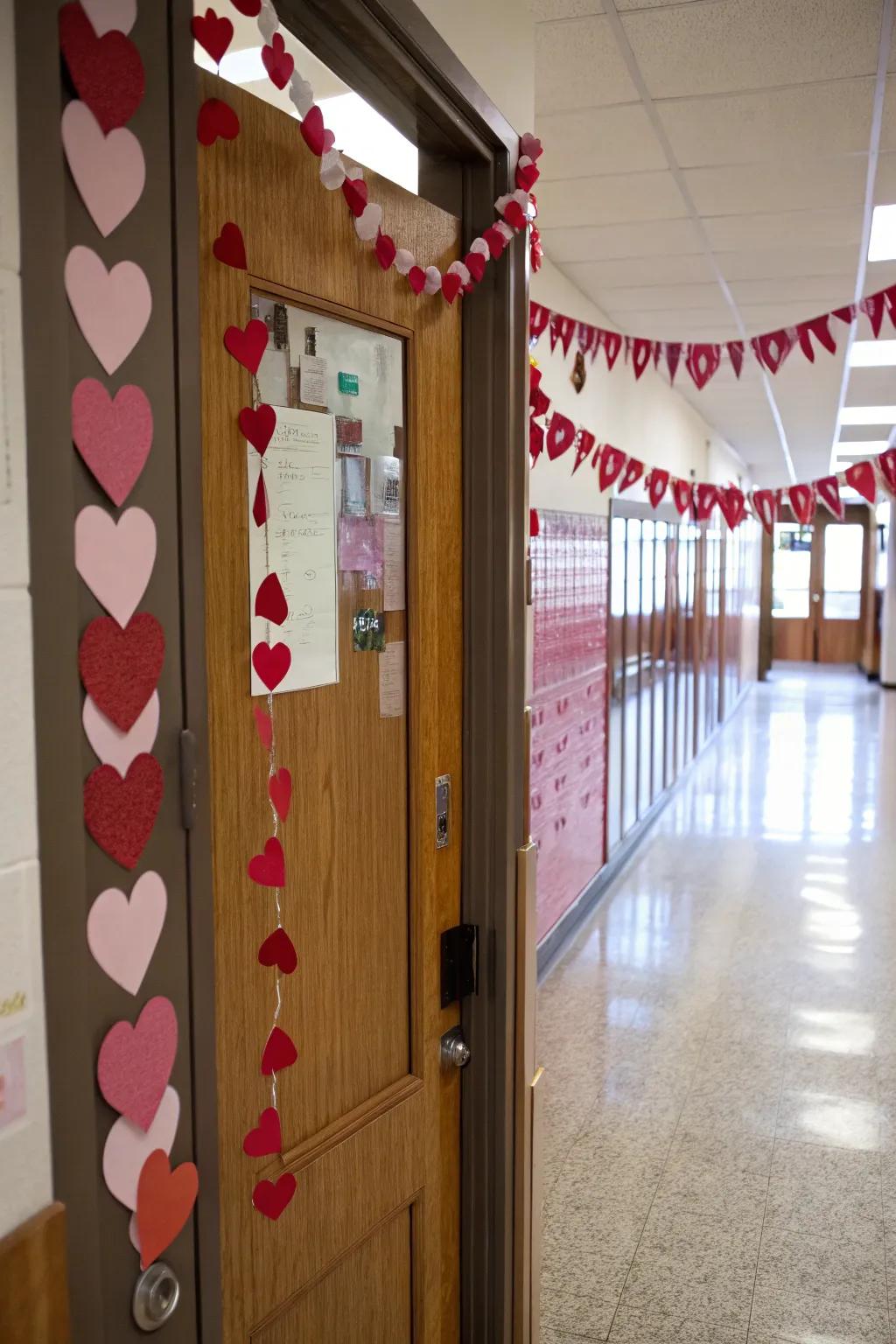 A classroom door featuring a cascading garland of red and pink hearts, perfect for Valentine's Day.