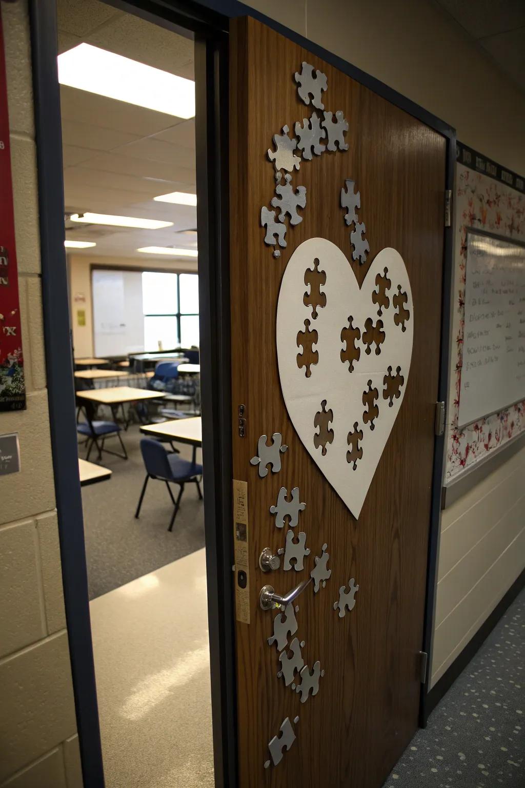 A classroom door featuring a heart-shaped puzzle, each piece representing a student.