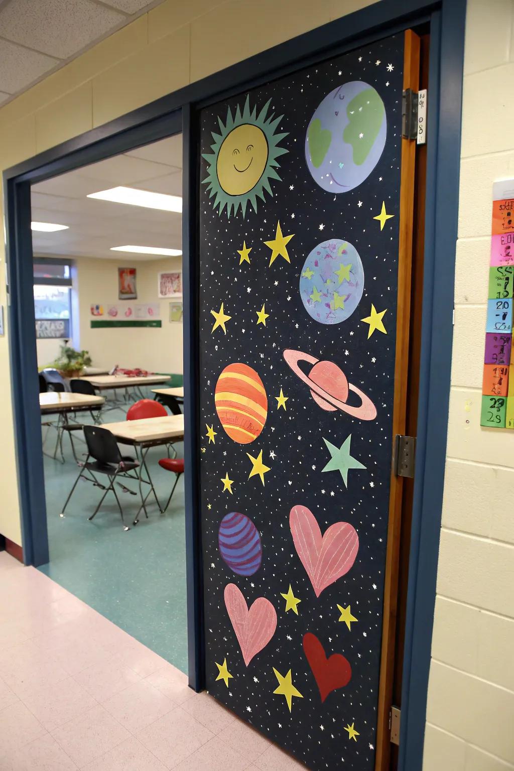 A cosmic-themed classroom door with planets, stars, and heart motifs.