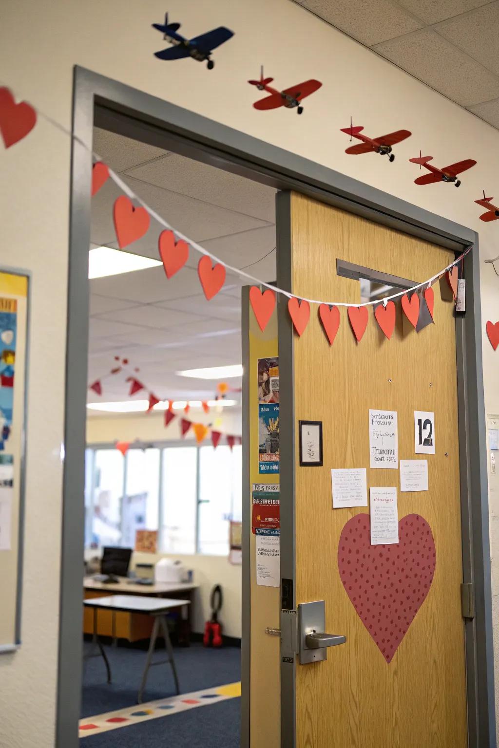 A dynamic classroom door with airplanes flying heart-shaped banners.