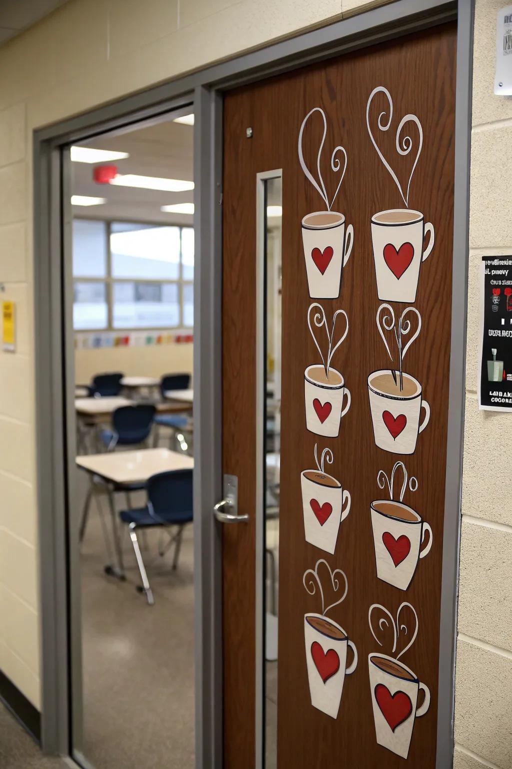 A classroom door showcasing a coffee theme with steaming cups decorated with heart motifs.