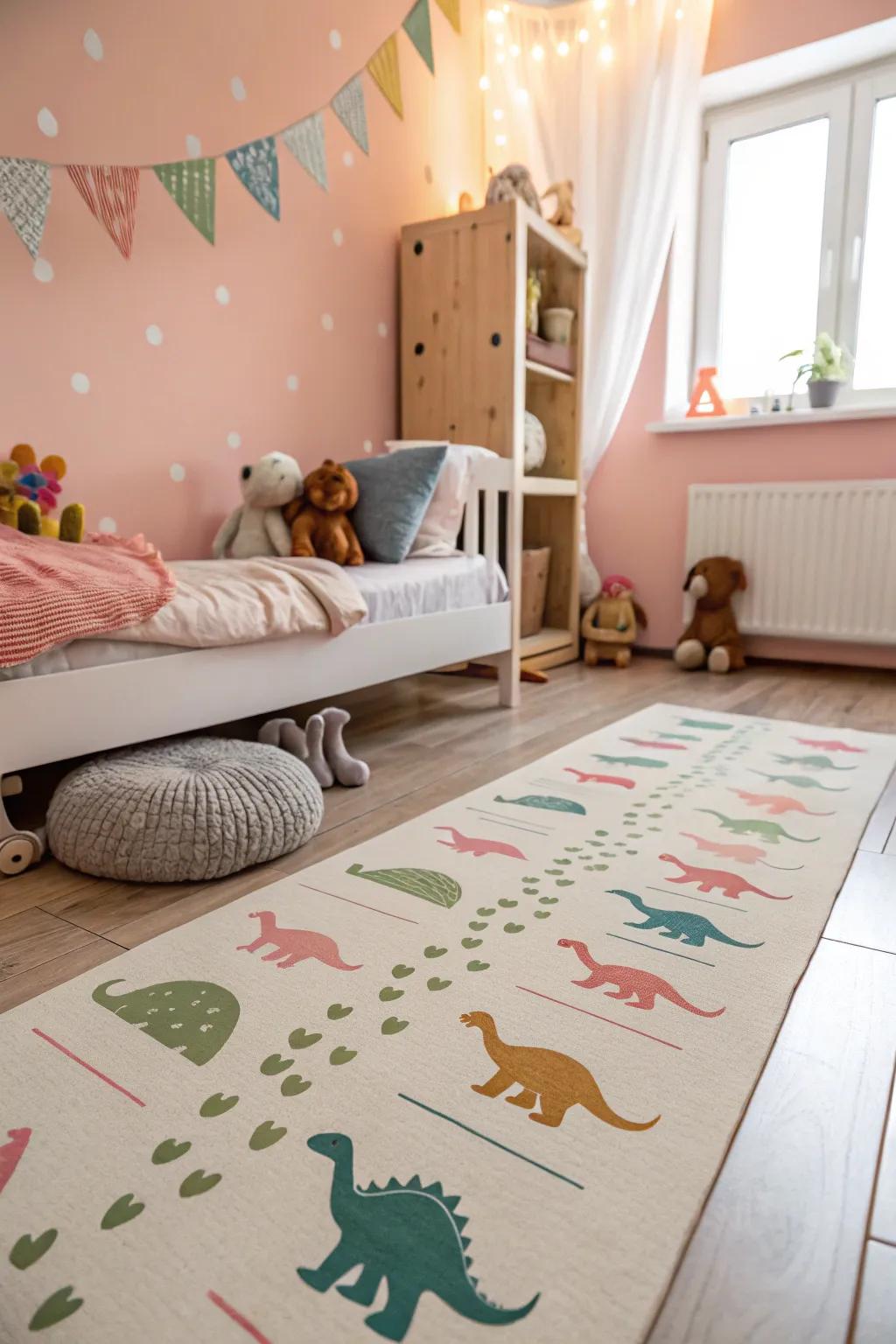 Dinosaur footprint decals inviting playful interaction within the room.
