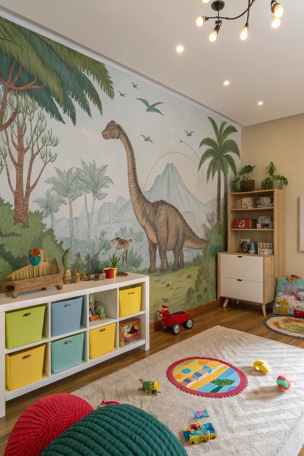 A captivating dinosaur wall mural that brings prehistoric adventures to life.