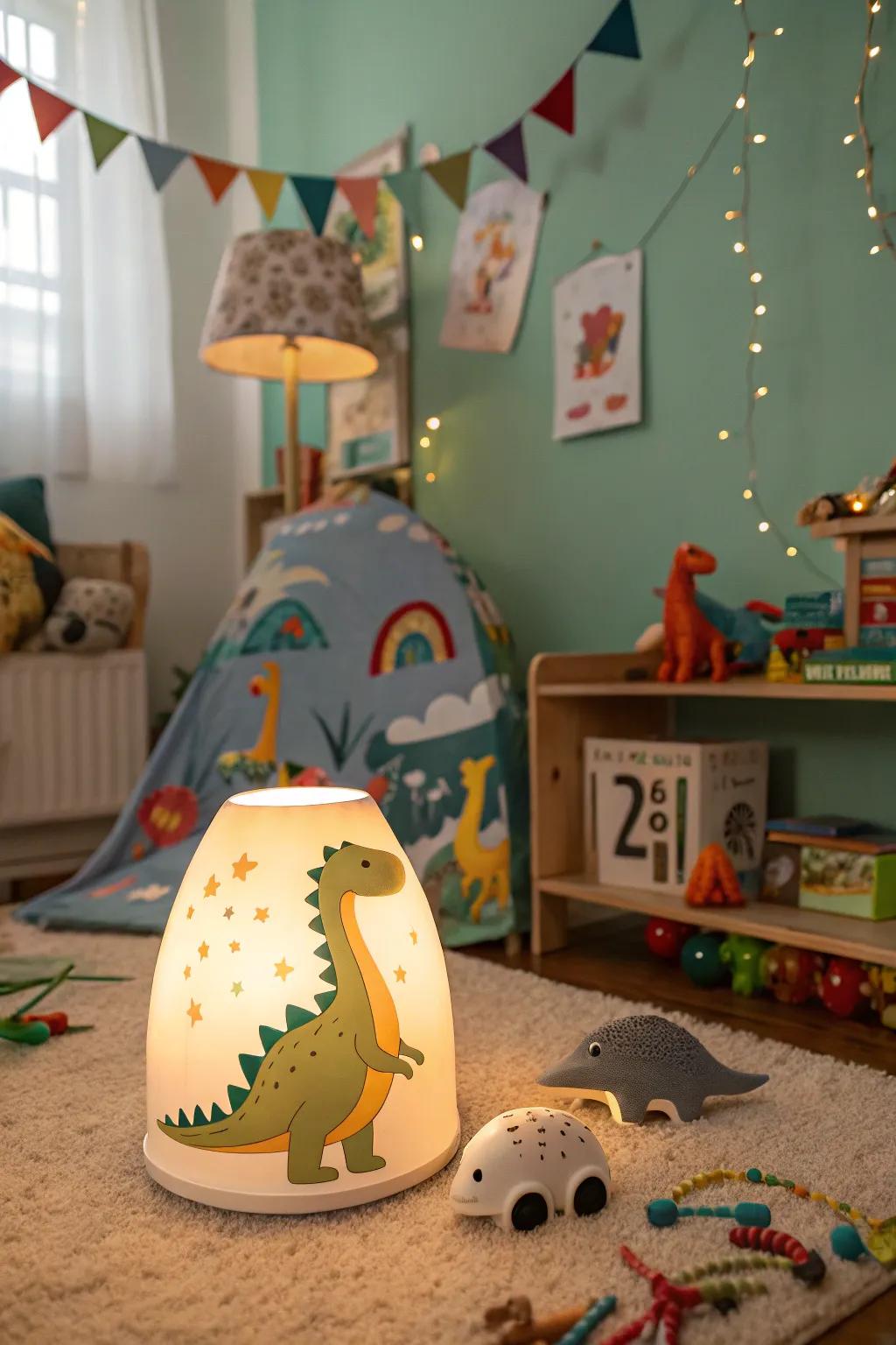 A dinosaur-themed lamp providing a gentle glow and playful ambiance.